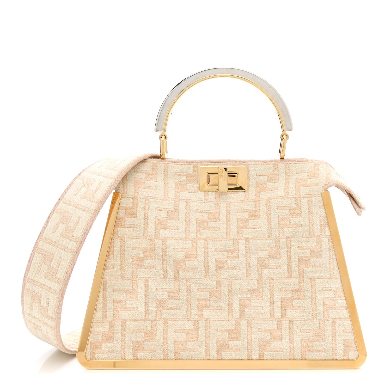 Fendi Chenille Suede Metal FF Small Peekaboo I SEE U Satchel Beige White 1 of 14