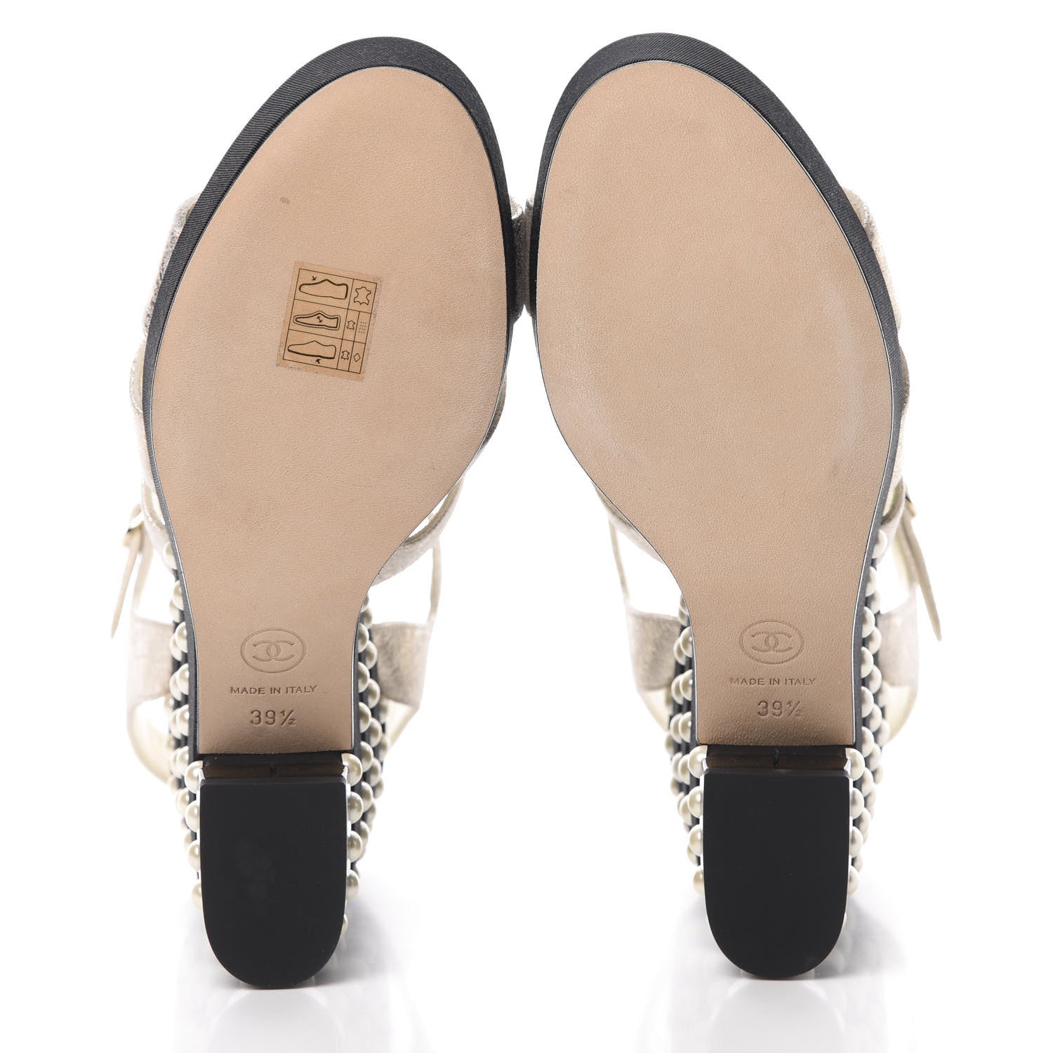 Chanel Metallic Crumpled Calfskin Grosgrain Pearl Wedge Sandals 39.5 Black Silver 6 of 9