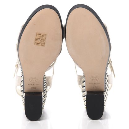 Chanel Metallic Crumpled Calfskin Grosgrain Pearl Wedge Sandals 39.5 Black Silver 6 of 9