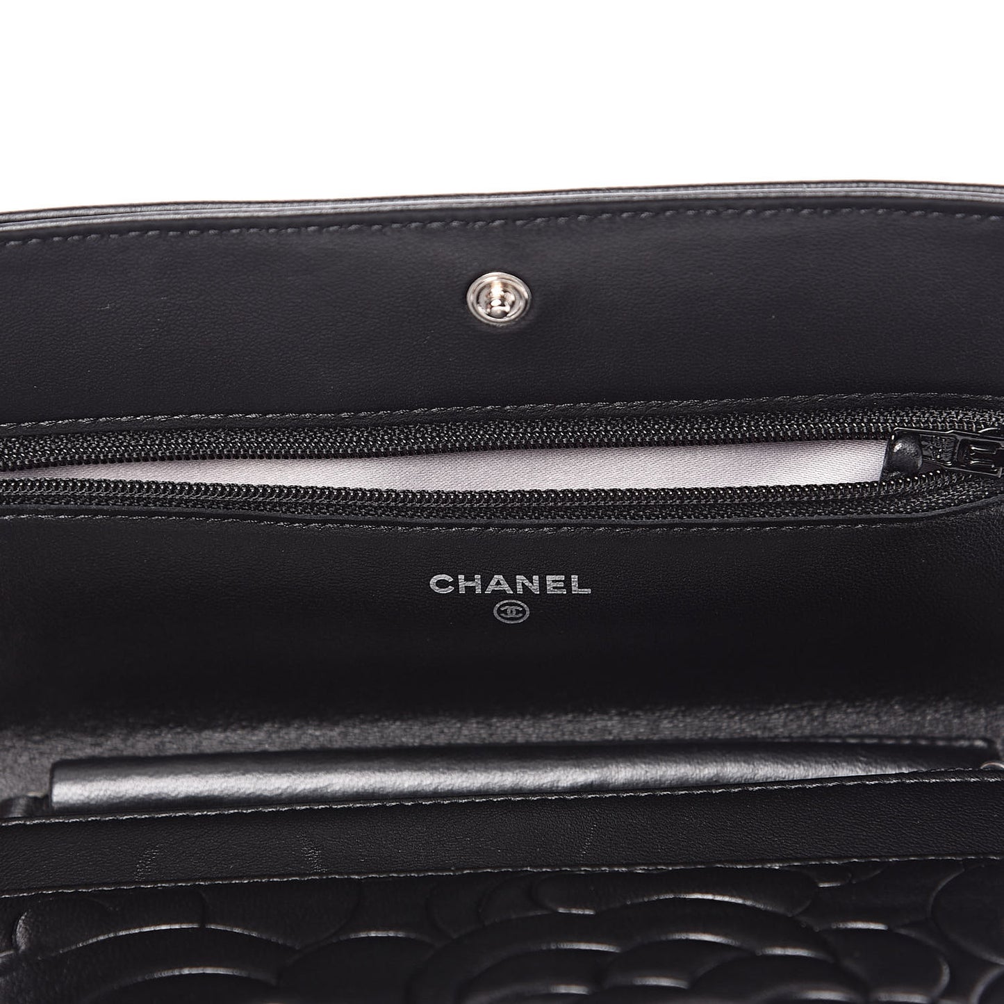 Lambskin Camellia Embossed Wallet on Chain WOC Black