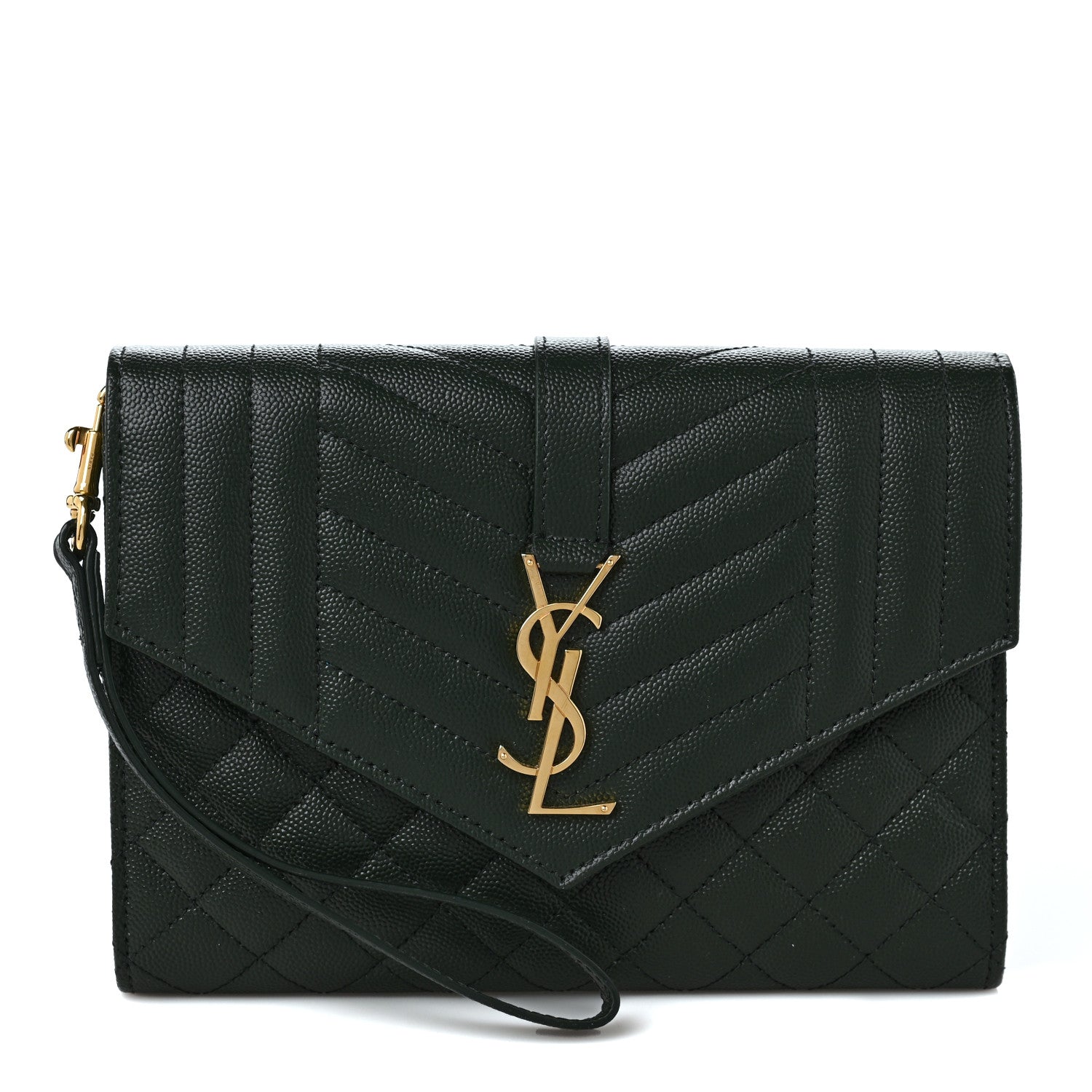 Saint Laurent Grain De Poudre Textured Mixed Matelasse Triquilt Monogram Clutch Vert Fonce 1 of 9