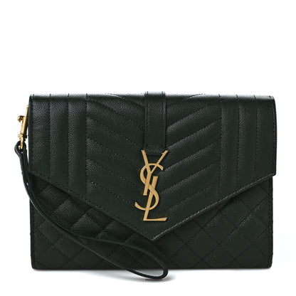 Saint Laurent Grain De Poudre Textured Mixed Matelasse Triquilt Monogram Clutch Vert Fonce 1 of 9