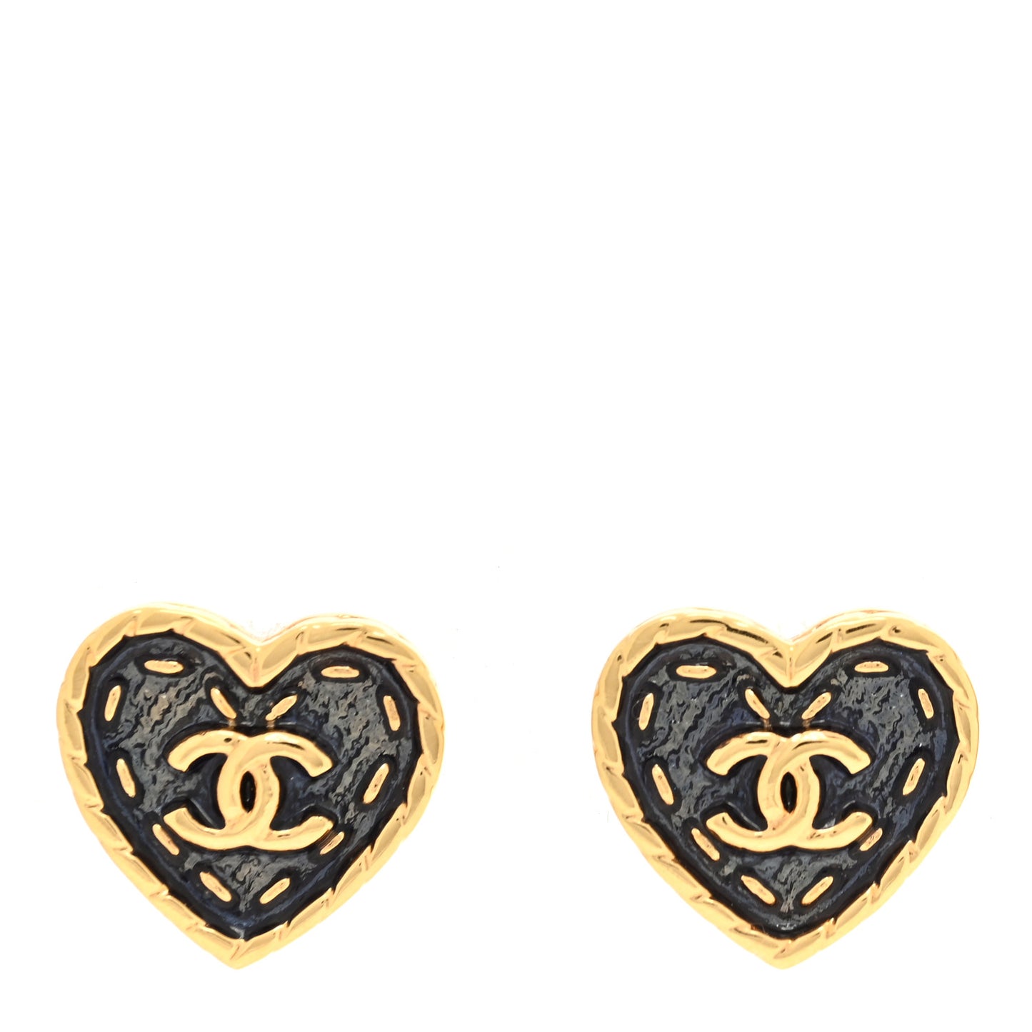 Metal Enamel CC Denim Heart Earrings Gold Blue