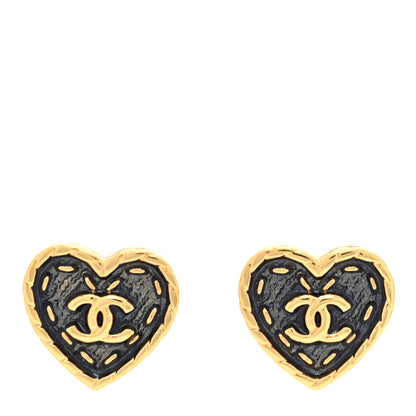 Chanel Metal Enamel CC Denim Heart Earrings Gold Blue 1 of 5
