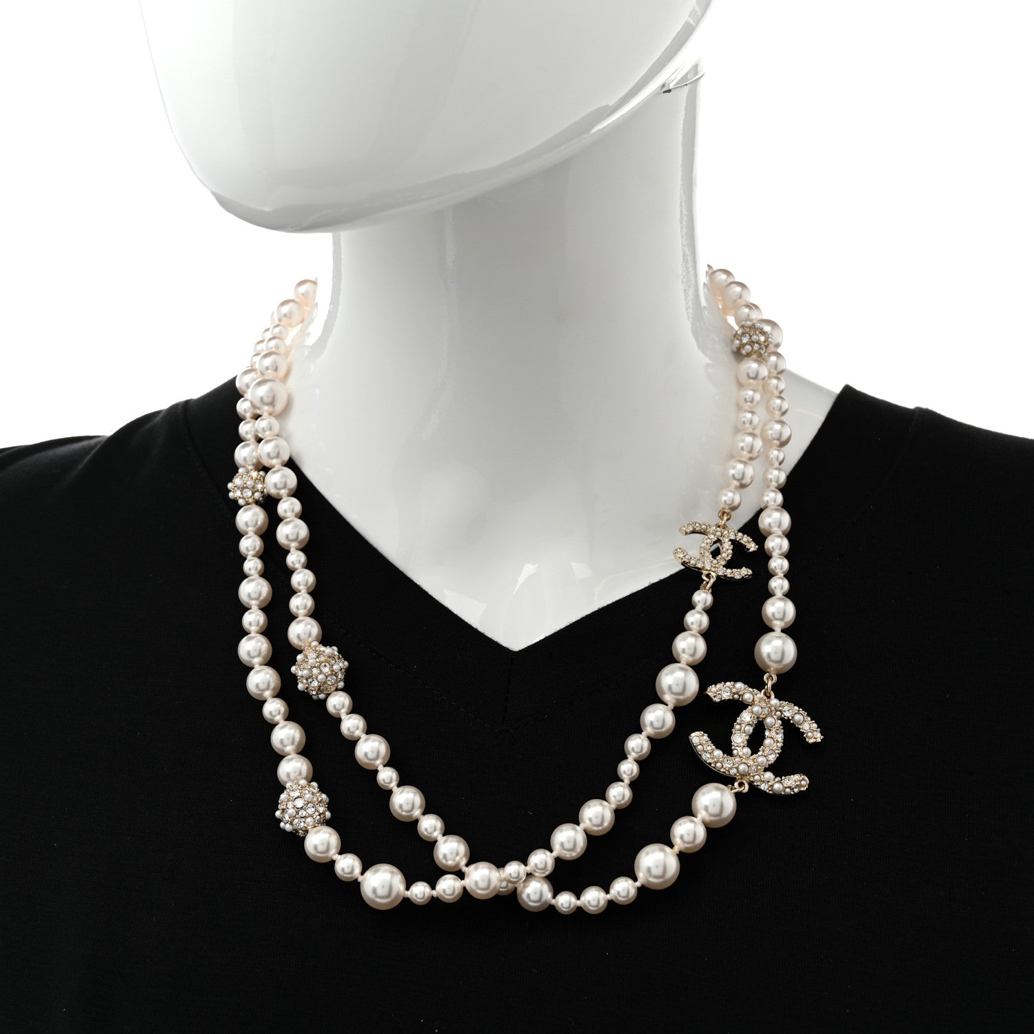 Chanel Pearl Crystal CC Cluster Long Necklace Golden Pearly White 2 of 5