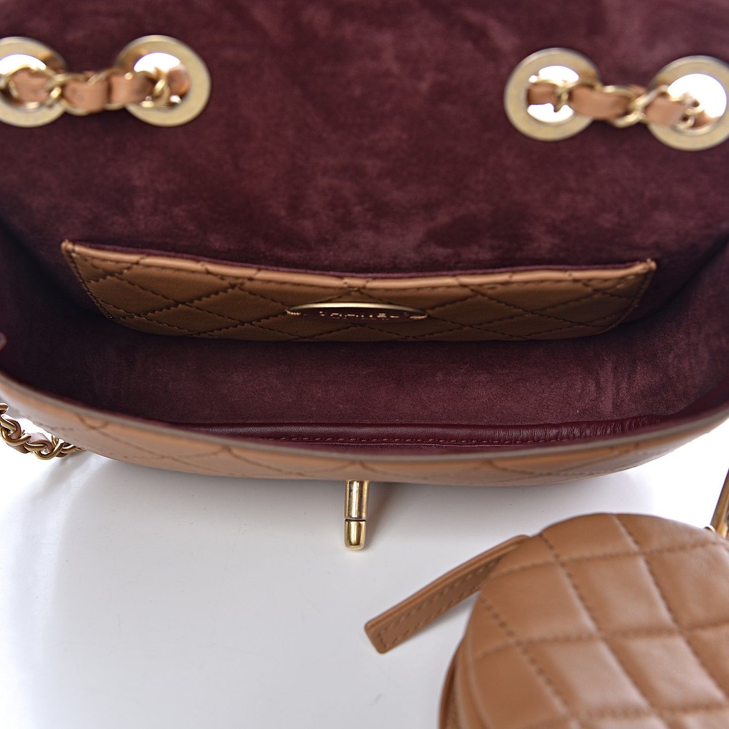 Calfskin Quilted Flap And Coin Purse Light Brown