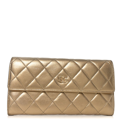Metallic Lambskin Quilted Large Gusset Flap Wallet Gold