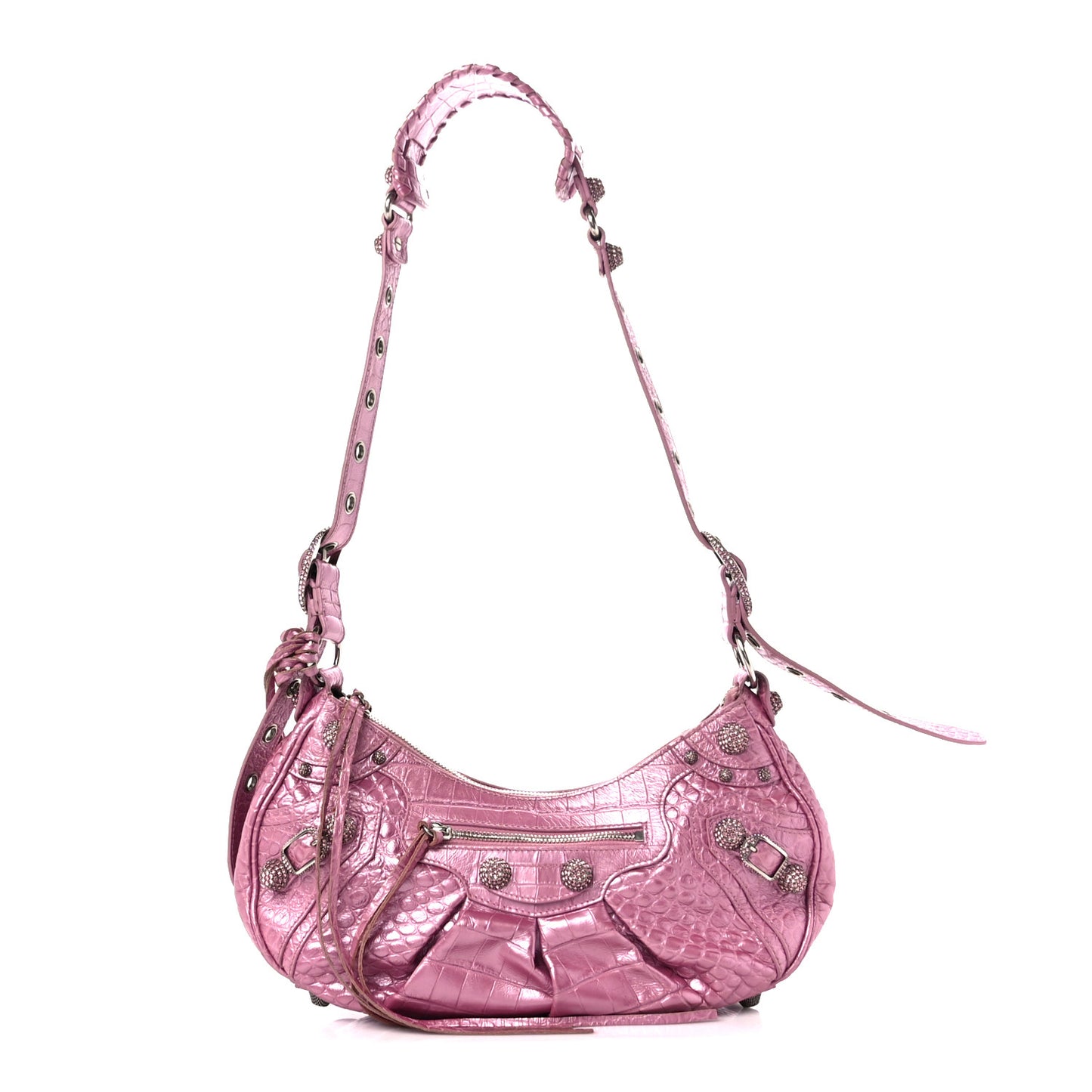 Metallic Extra Supple Calfskin Crystal Crocodile Embossed Small Le Cagole Shoulder Bag Pink