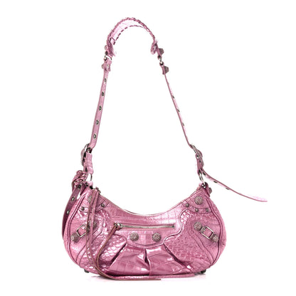 Balenciaga Metallic Extra Supple Calfskin Crystal Crocodile Embossed Small Le Cagole Shoulder Bag Pink 3 of 14