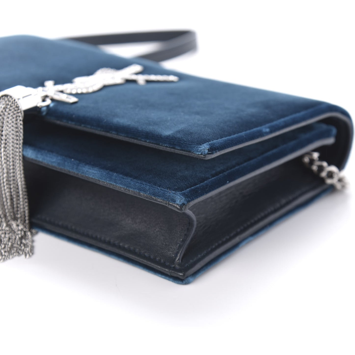 Velvet Crystal Monogram Kate Tassel Chain Wallet Blue