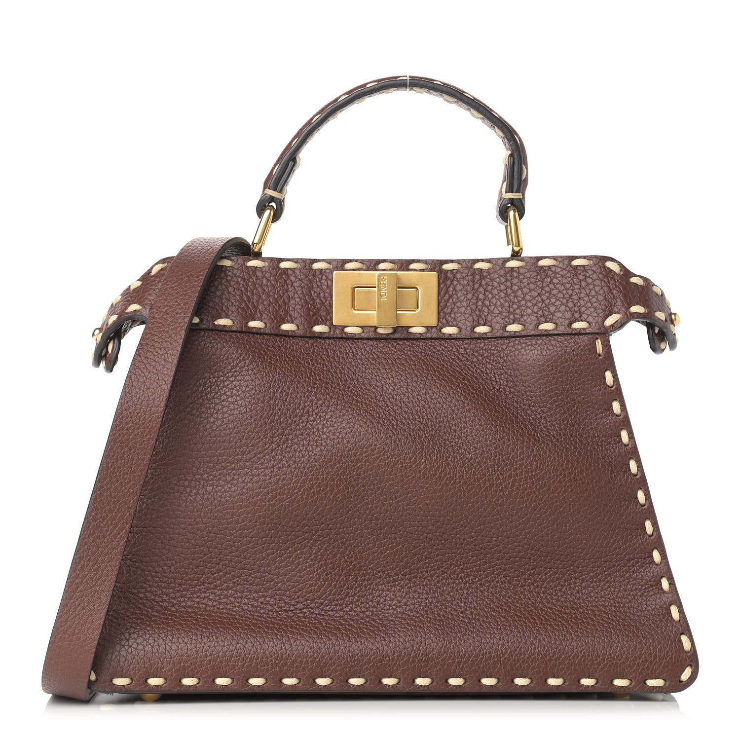 Fendi Vitello Granato Camoscio Selleria Macro Stitchings Small Peekaboo I SEE U Satchel Praline 1 of 9