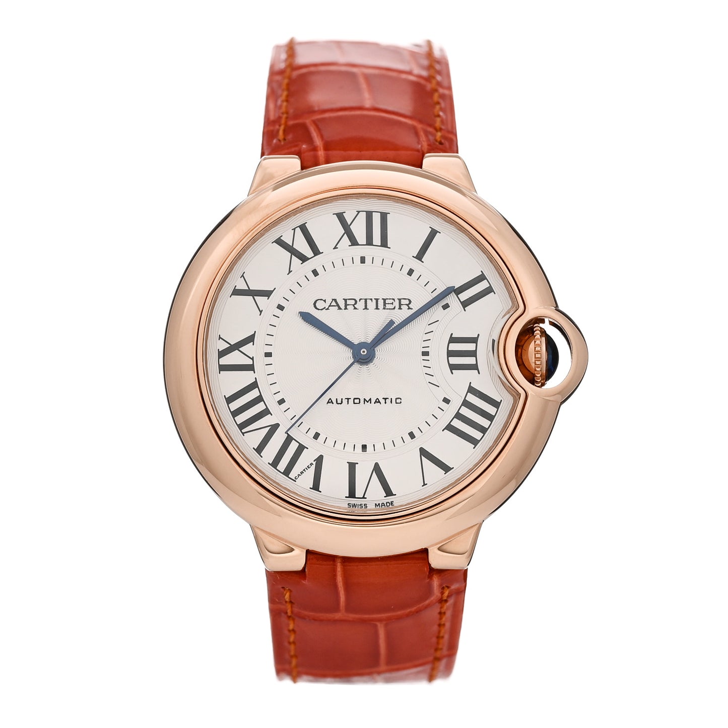18K Pink Gold Alligator 36mm Ballon Bleu De Cartier Automatic Watch Orange