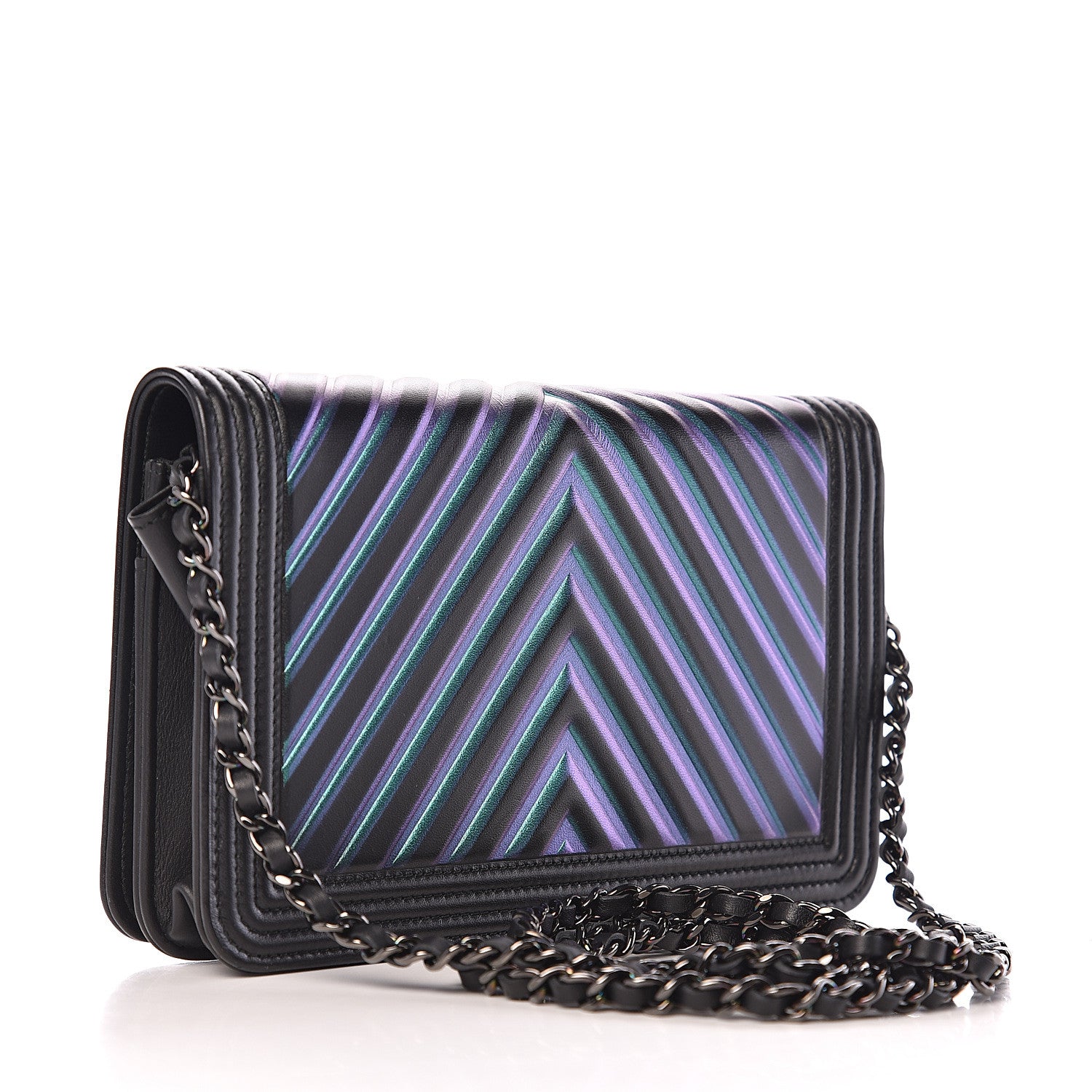 Chanel Calfskin Painted Chevron Embossed Boy Wallet On Chain WOC Black 2 of 13