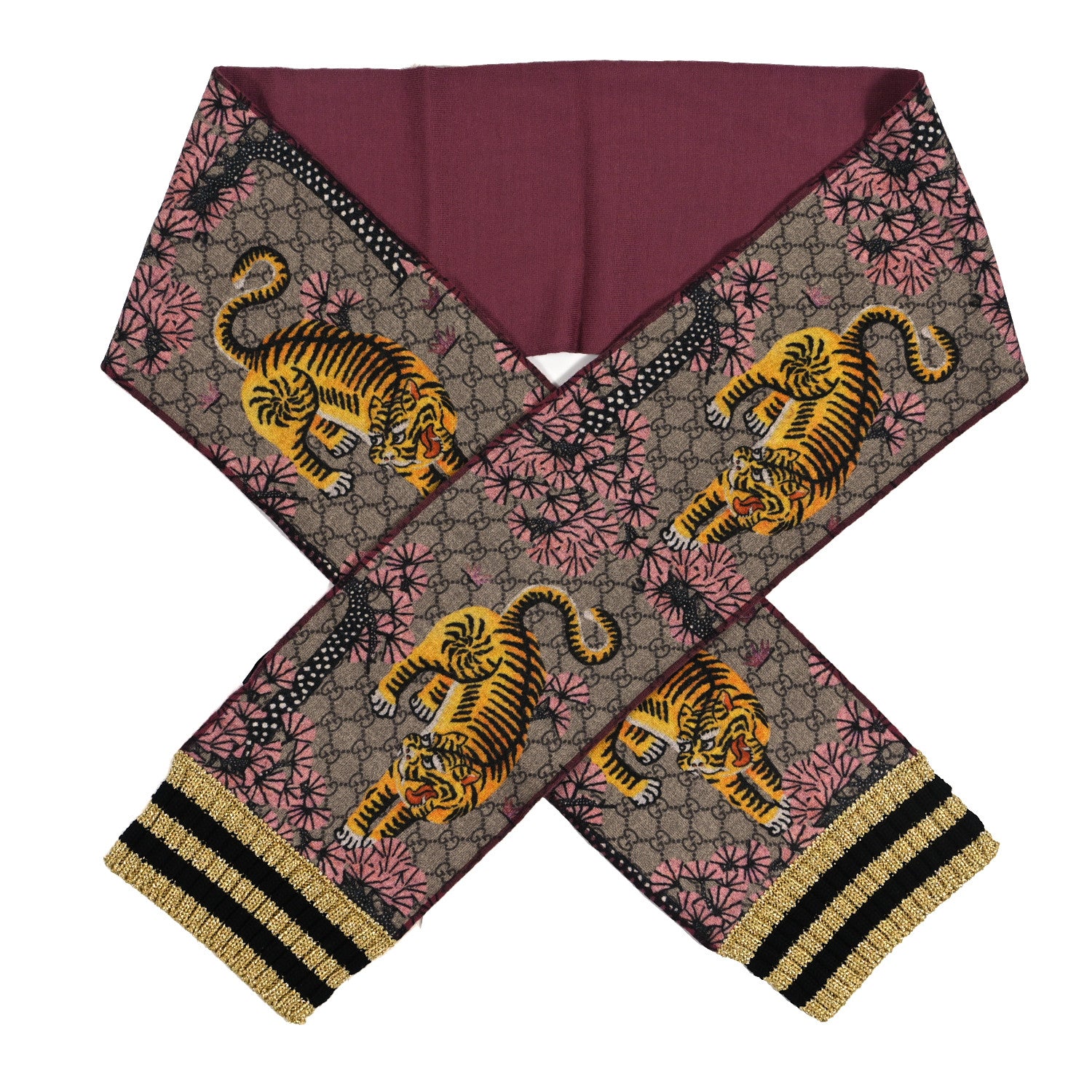 Gucci Wool GG Monogram Bengal Tiger Scarf Brown Pink 1 of 3