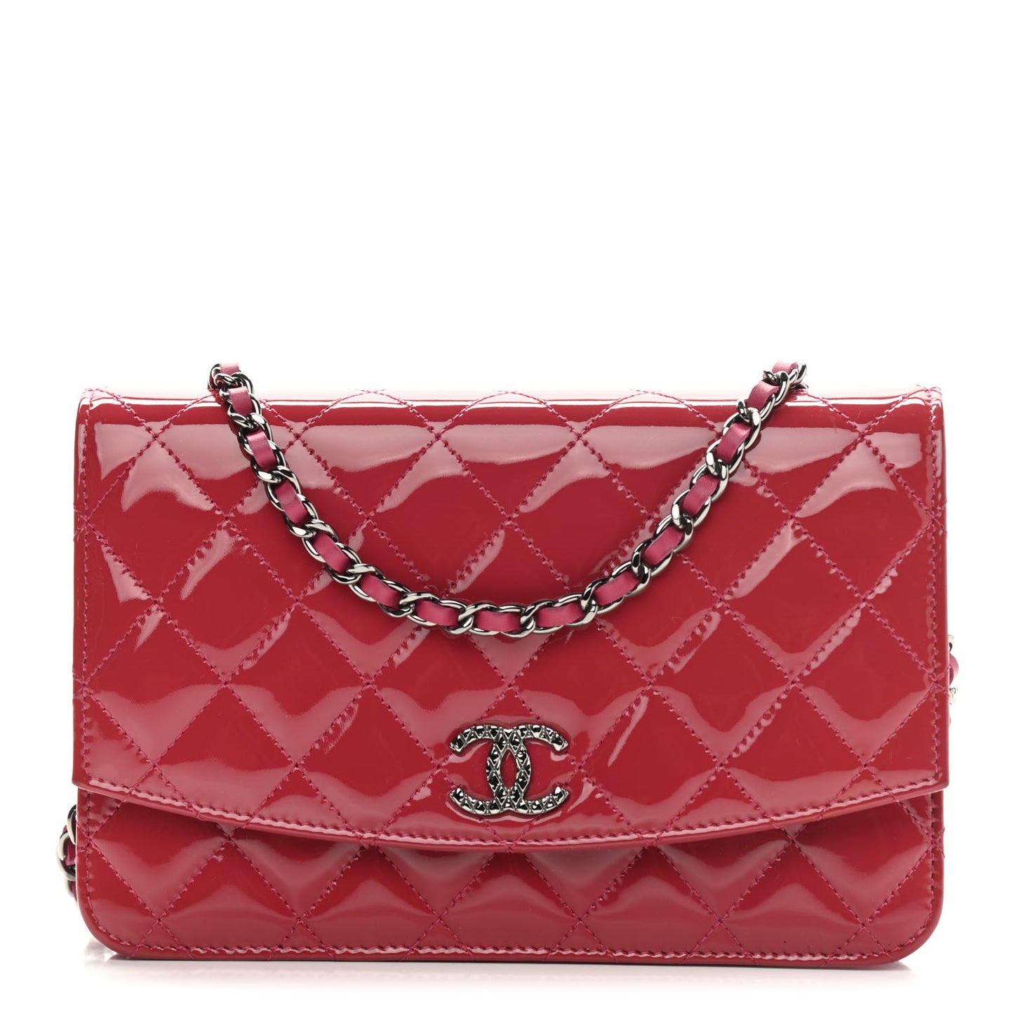 Patent Quilted Brilliant Wallet On Chain WOC Dark Pink
