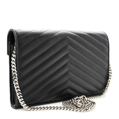 Saint Laurent Grain De Poudre Matelasse Chevron Monogram Chain Wallet Black 3 of 15