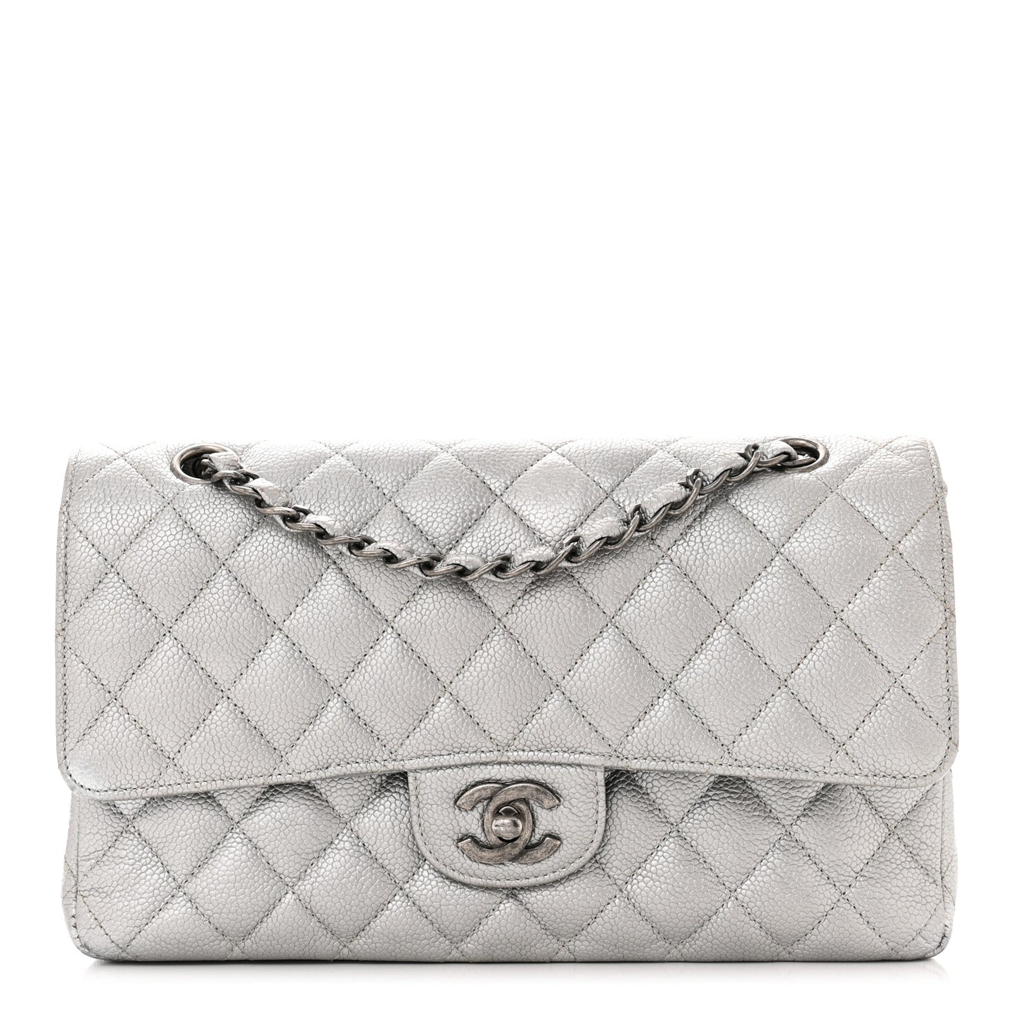 Metallic Caviar Quilted Medium Double Flap Silver