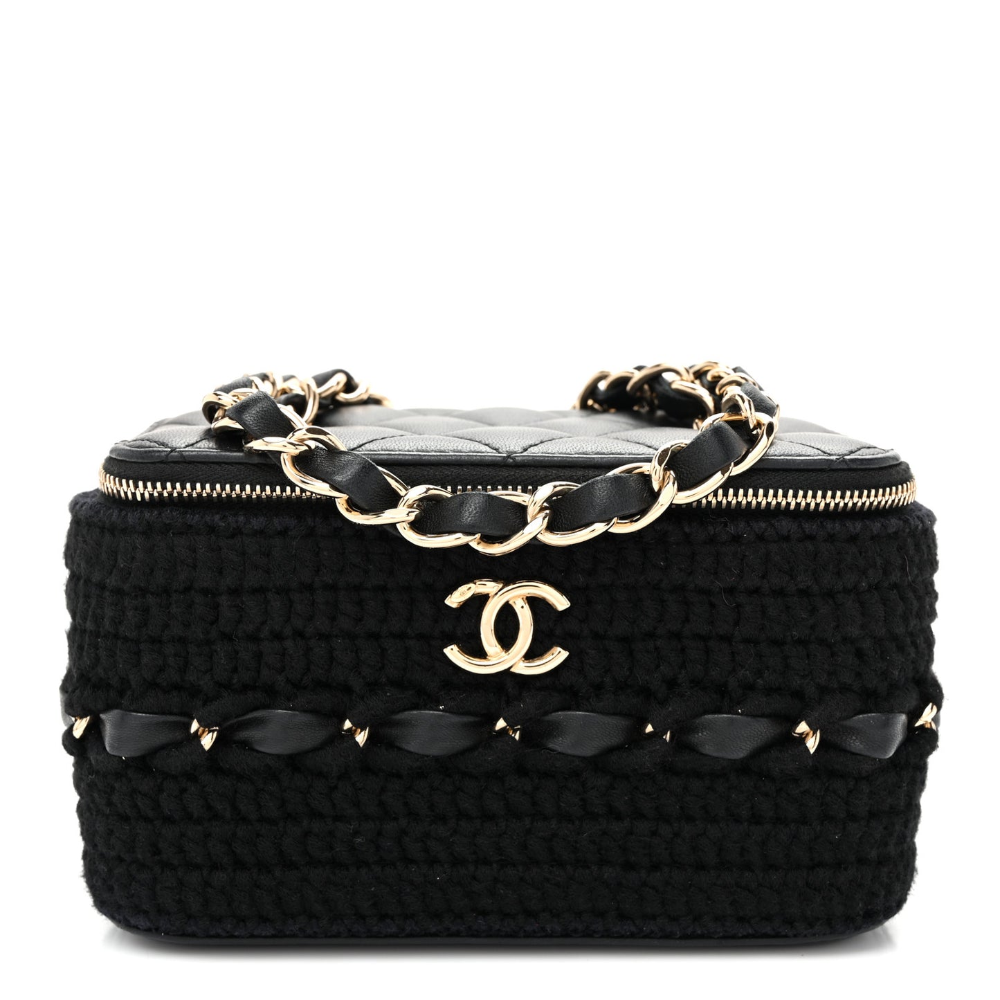 Lambskin Crochet Quilted Small Vanity Case With Chain Black