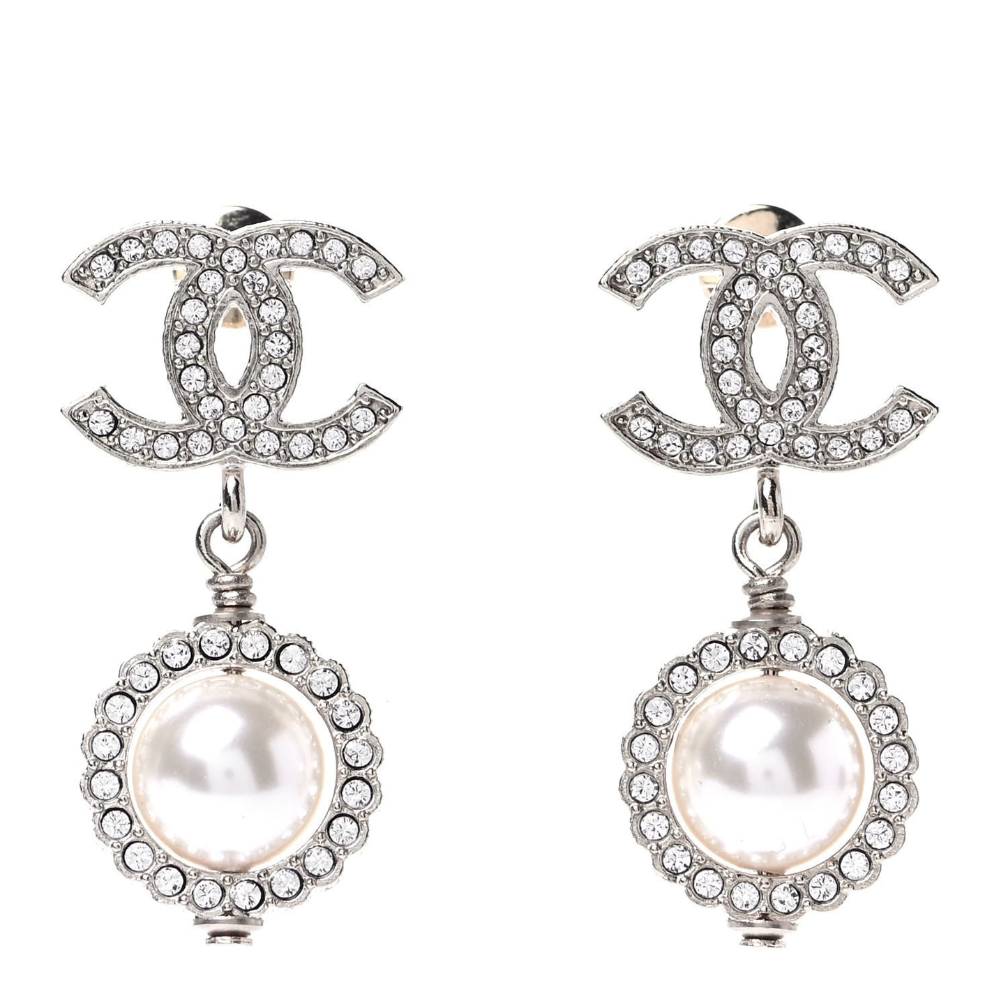 Crystal Pearl CC Drop Earrings Silver