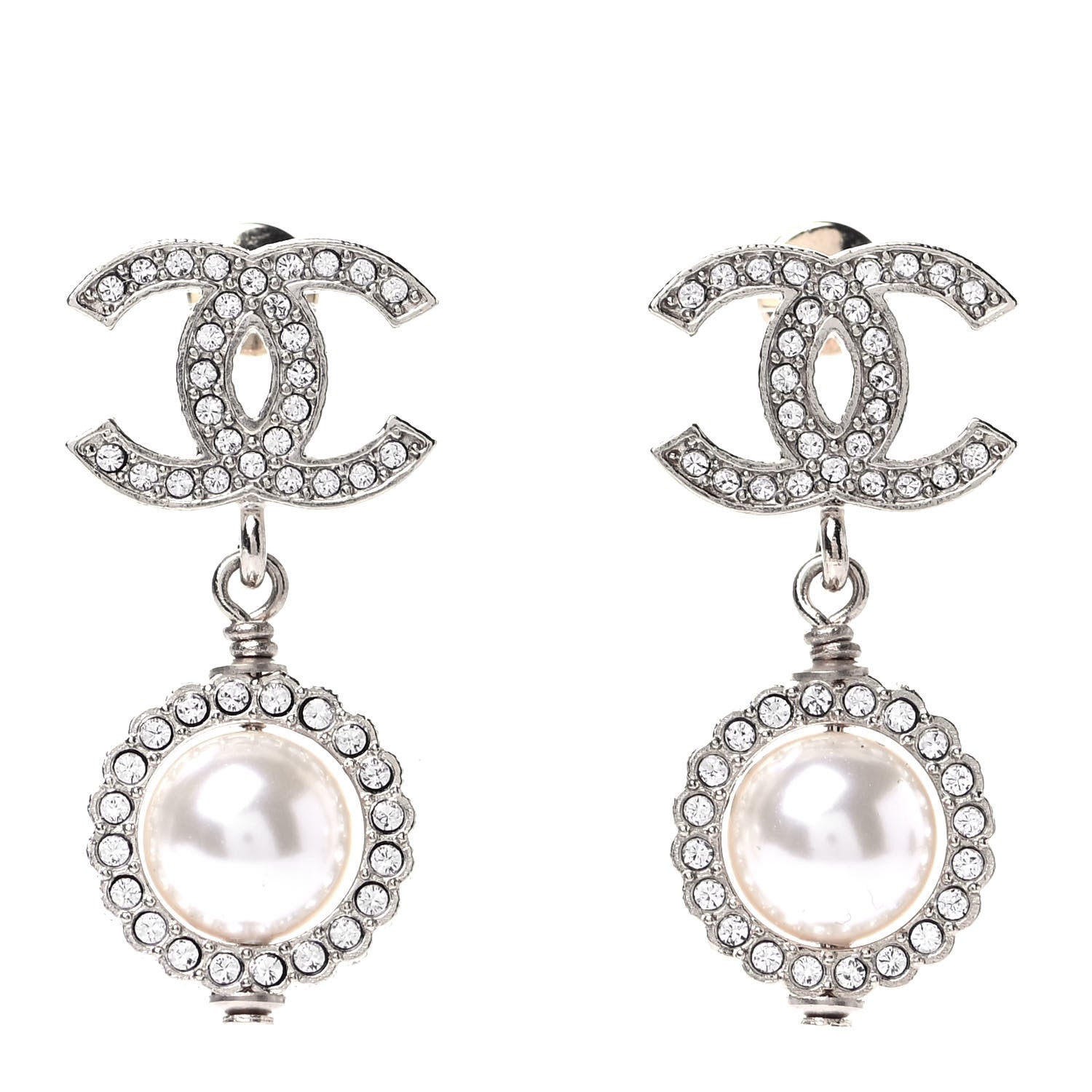 Chanel Crystal Pearl CC Drop Earrings Silver 1 of 4