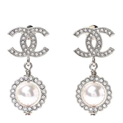 Chanel Crystal Pearl CC Drop Earrings Silver 1 of 4