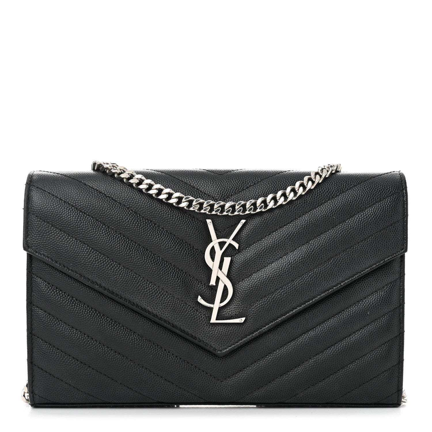 Saint Laurent Grain De Poudre Matelasse Chevron Monogram Chain Wallet Black 1 of 10