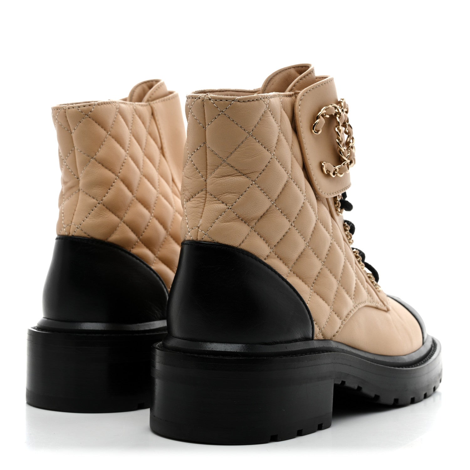 Chanel Lambskin Calfskin Quilted Lace Up Combat Boots 36.5 Beige