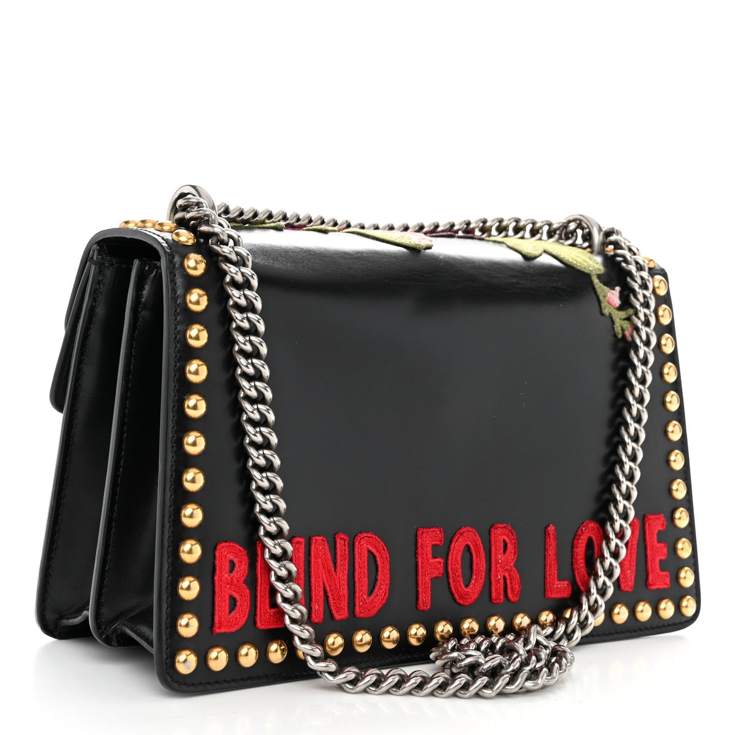 Calfskin Floral Embroidered Studded Small Dionysus Shoulder Bag Black