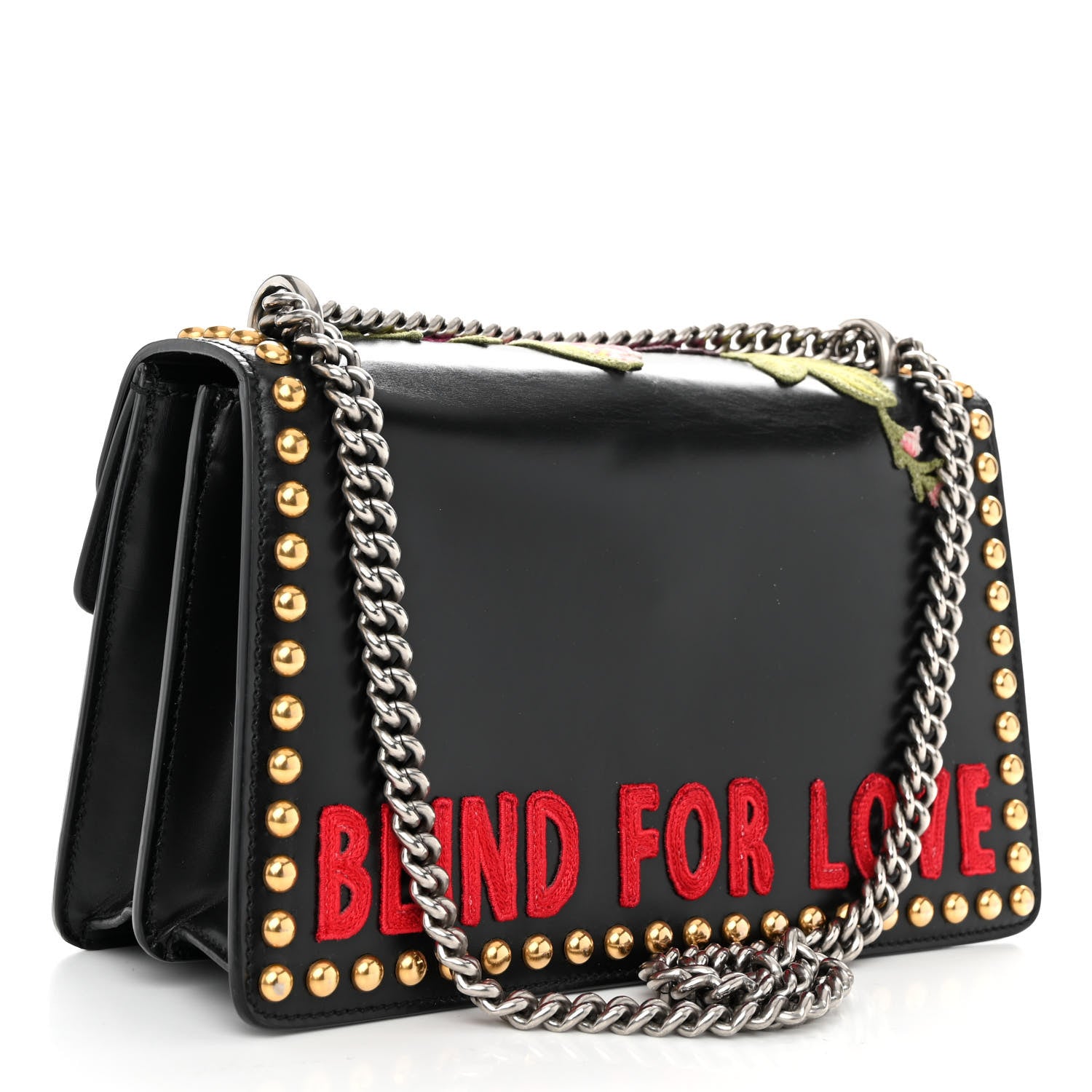 Gucci Calfskin Floral Embroidered Studded Small Dionysus Shoulder Bag Black 3 of 9