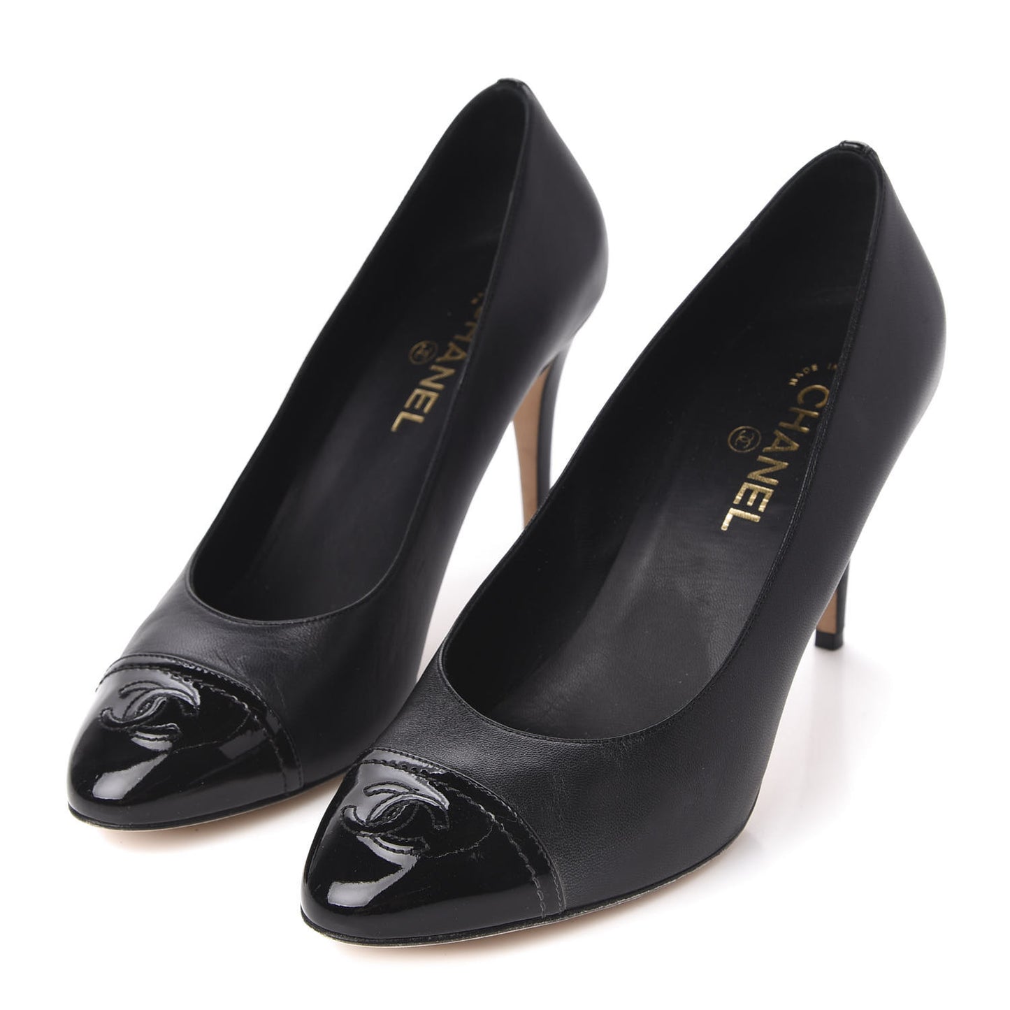 Lambskin Calfskin Patent Cap Toe CC Pumps 41 Black