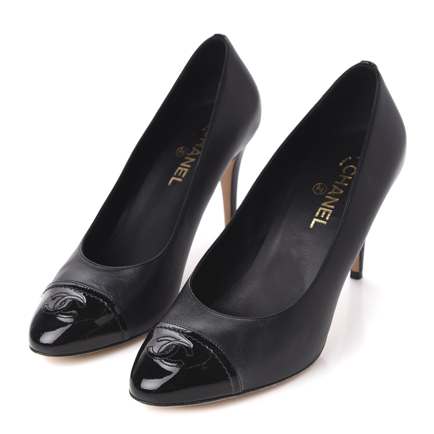 Chanel Lambskin Calfskin Patent Cap Toe CC Pumps 41 Black 3 of 9