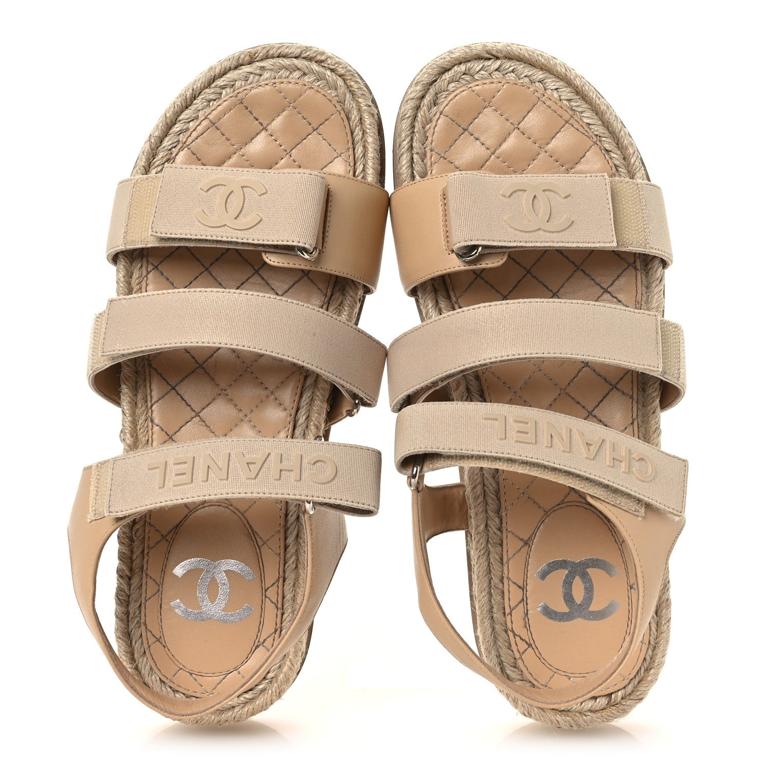 Chanel Stretch Fabric Lambskin CC Flat Sandals 39 Beige 1839626