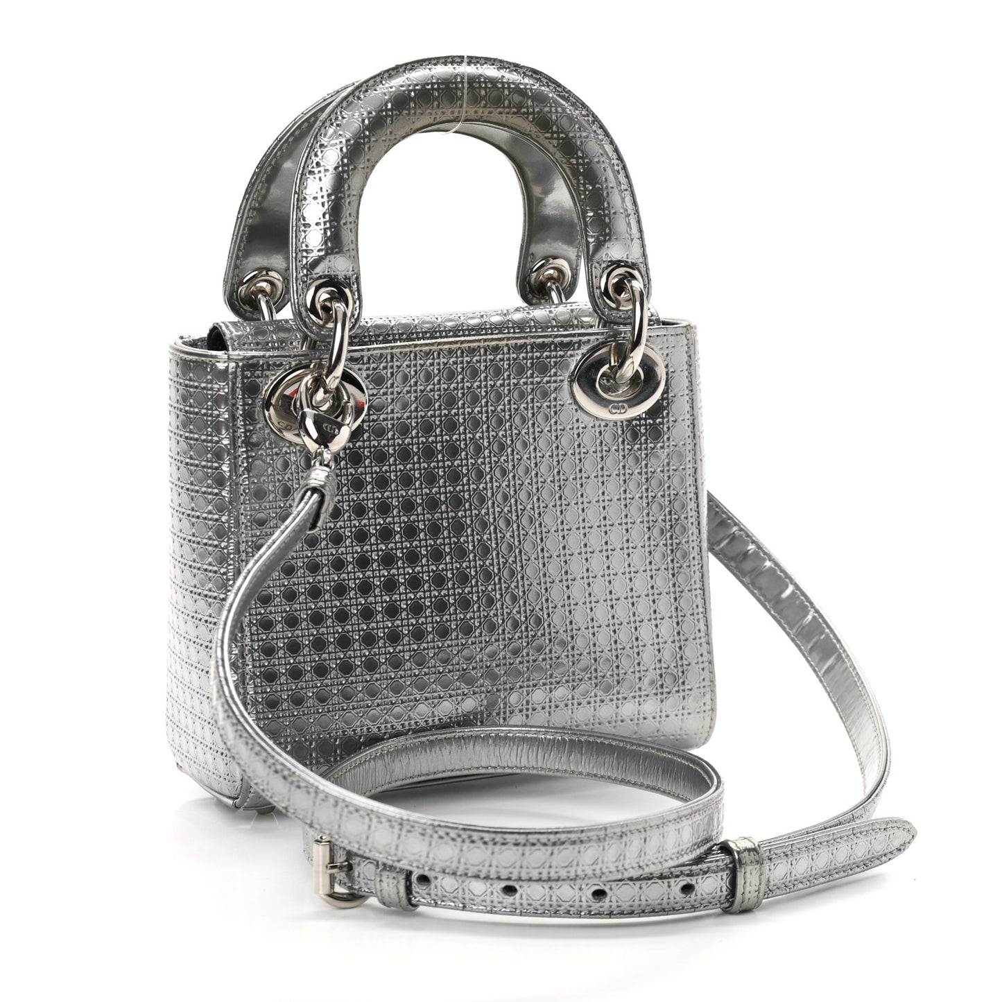 Metallic Patent Micro-Cannage Mini Lady Dior Silver