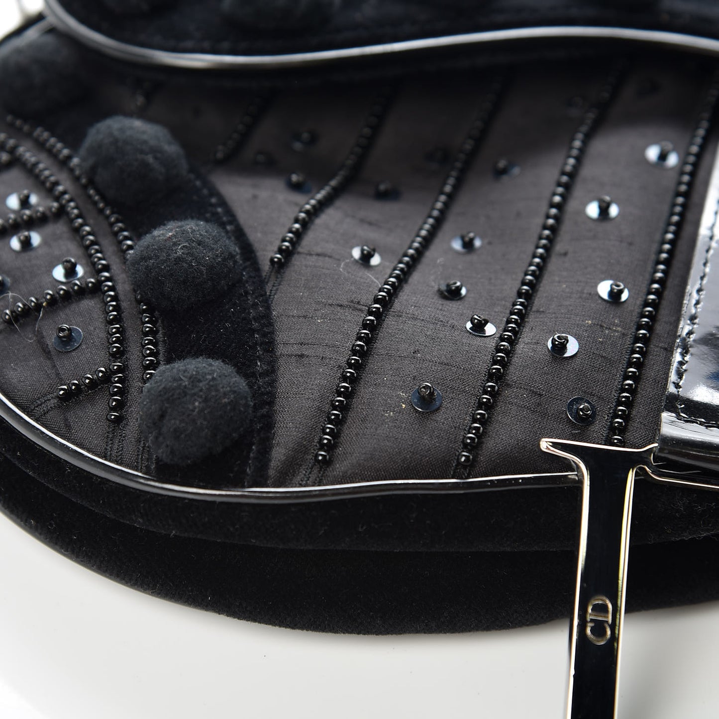 Velvet Nylon Pom Pom Saddle Bag Black