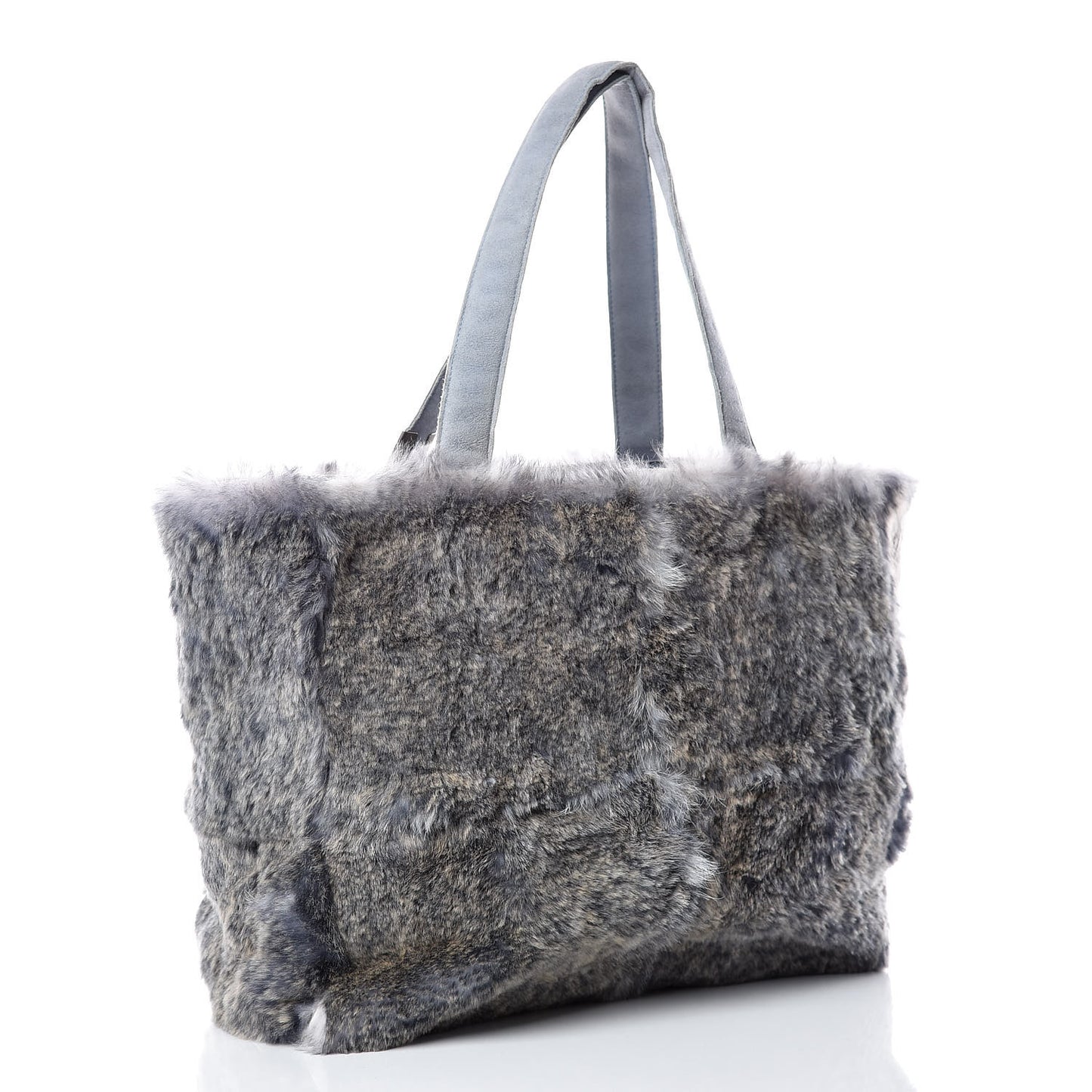 Suede Rabbit Fur Tote with Cosmetic Pouch Blue