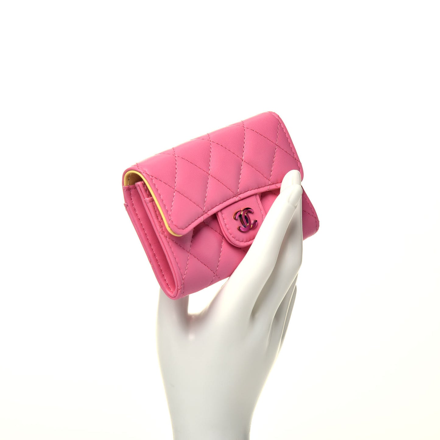 Lambskin Quilted Flap Card Holder Wallet Pink Yellow