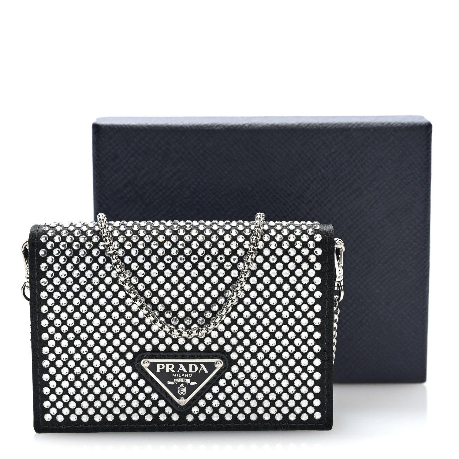 Prada Satin Crystal Metal Triangle Logo Card Holder With Strap Cristal 10 of 10