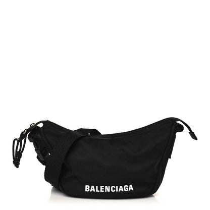 Balenciaga Recycled Sport Nylon Logo Embroidered Wheel Sling Bag Black White 1 of 5