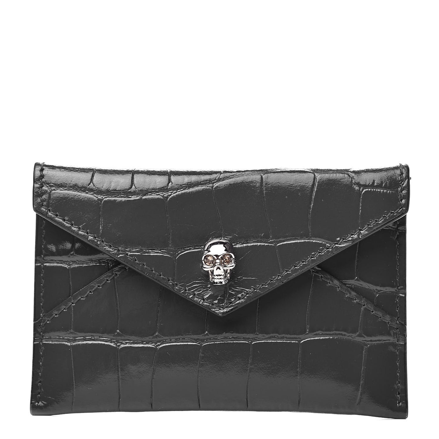 Calfskin Crocodile Embossed Skull Envelope Card Holder Grey