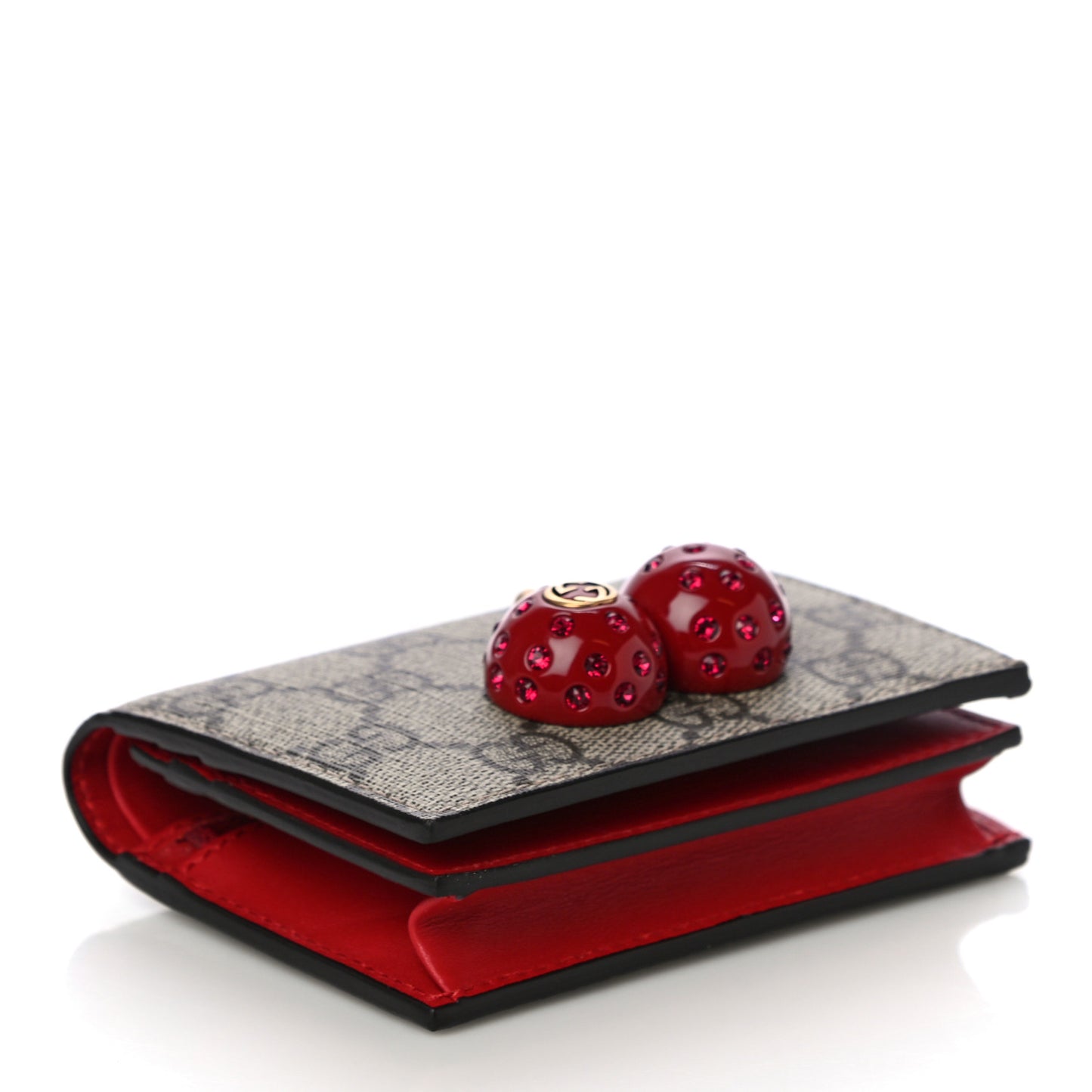 GG Supreme Monogram Cherry Embellished Card Case Wallet Hibiscus Red