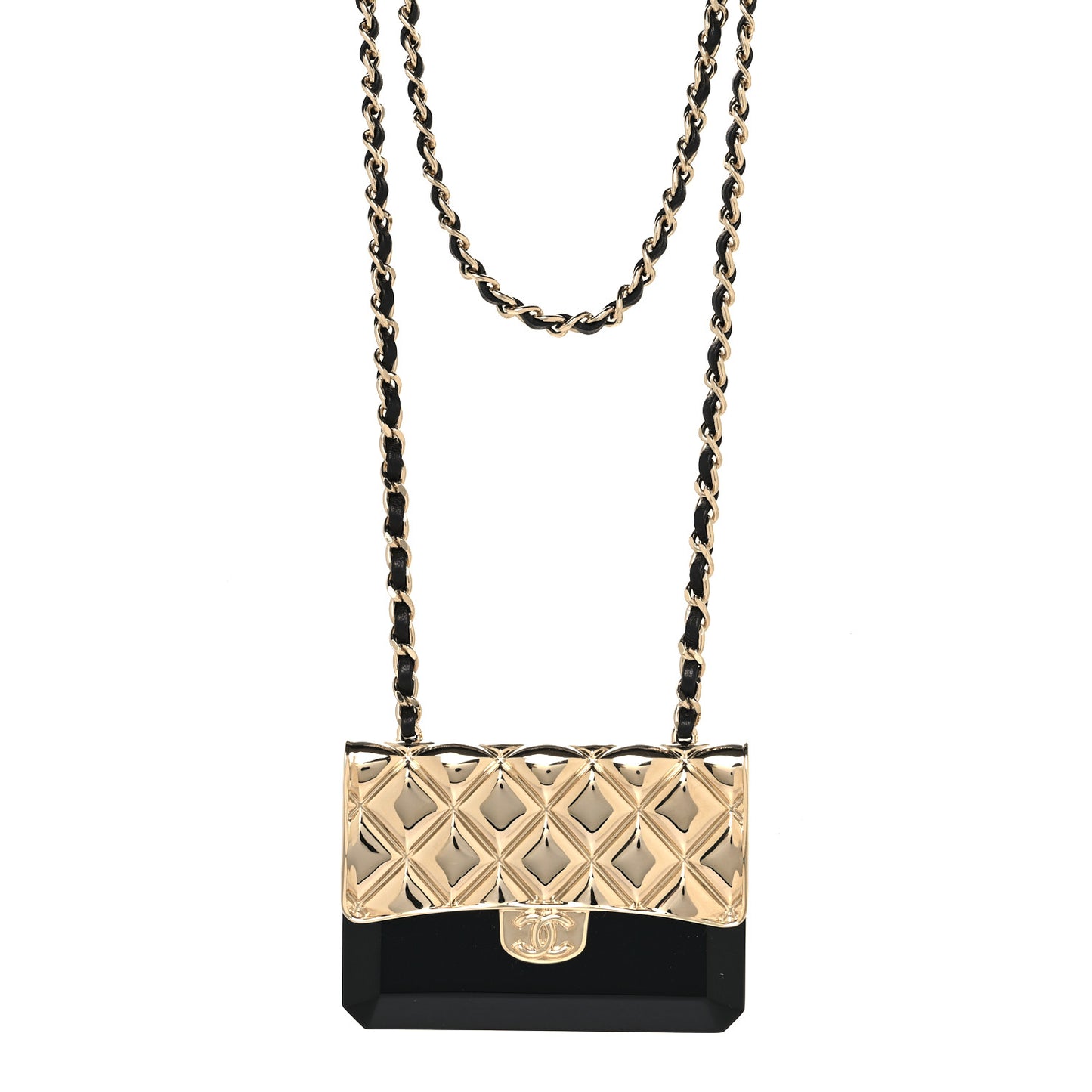 Metal Resin Lambskin Flap Bag Long Necklace Gold Black