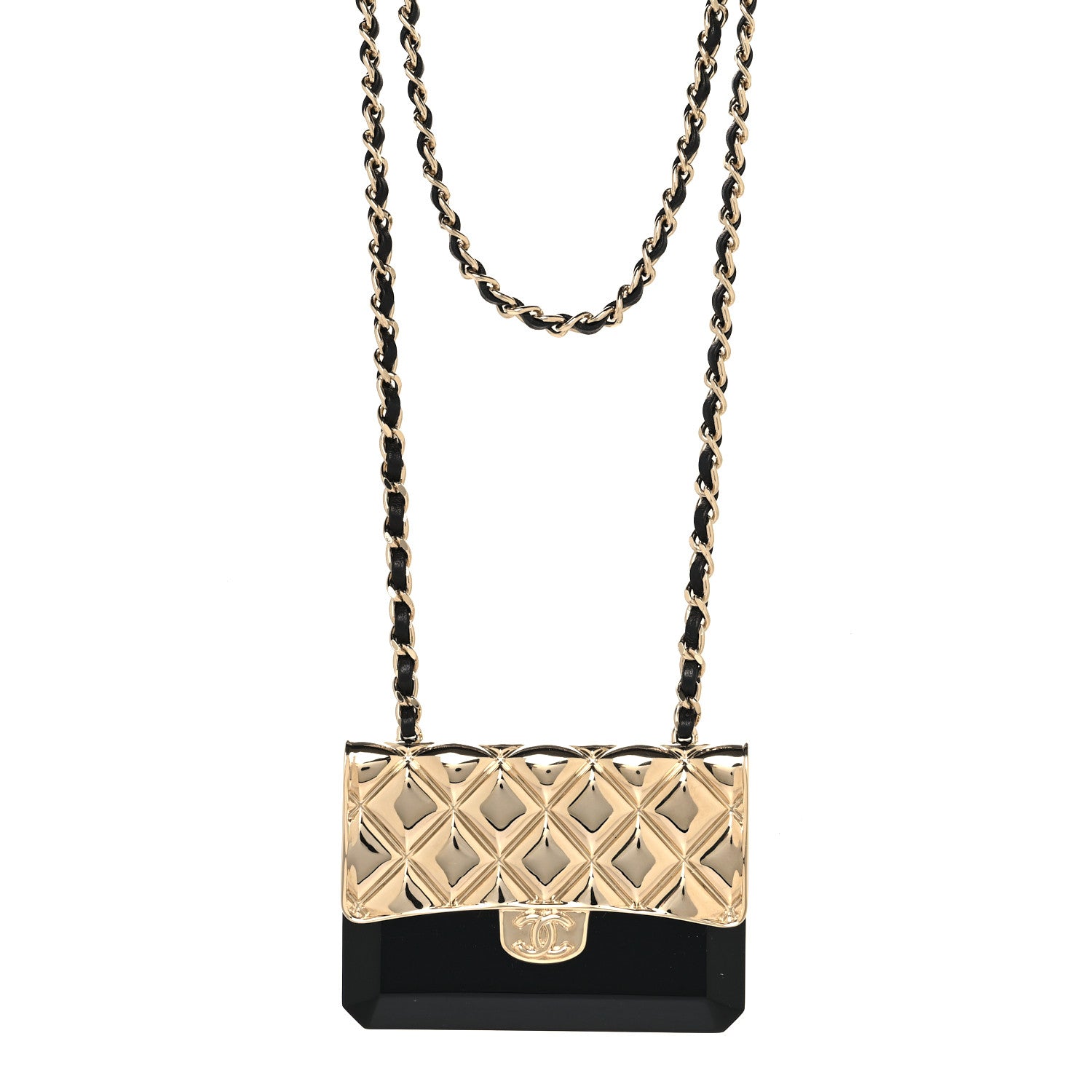 Chanel Metal Resin Lambskin Flap Bag Long Necklace Gold Black 1 of 5