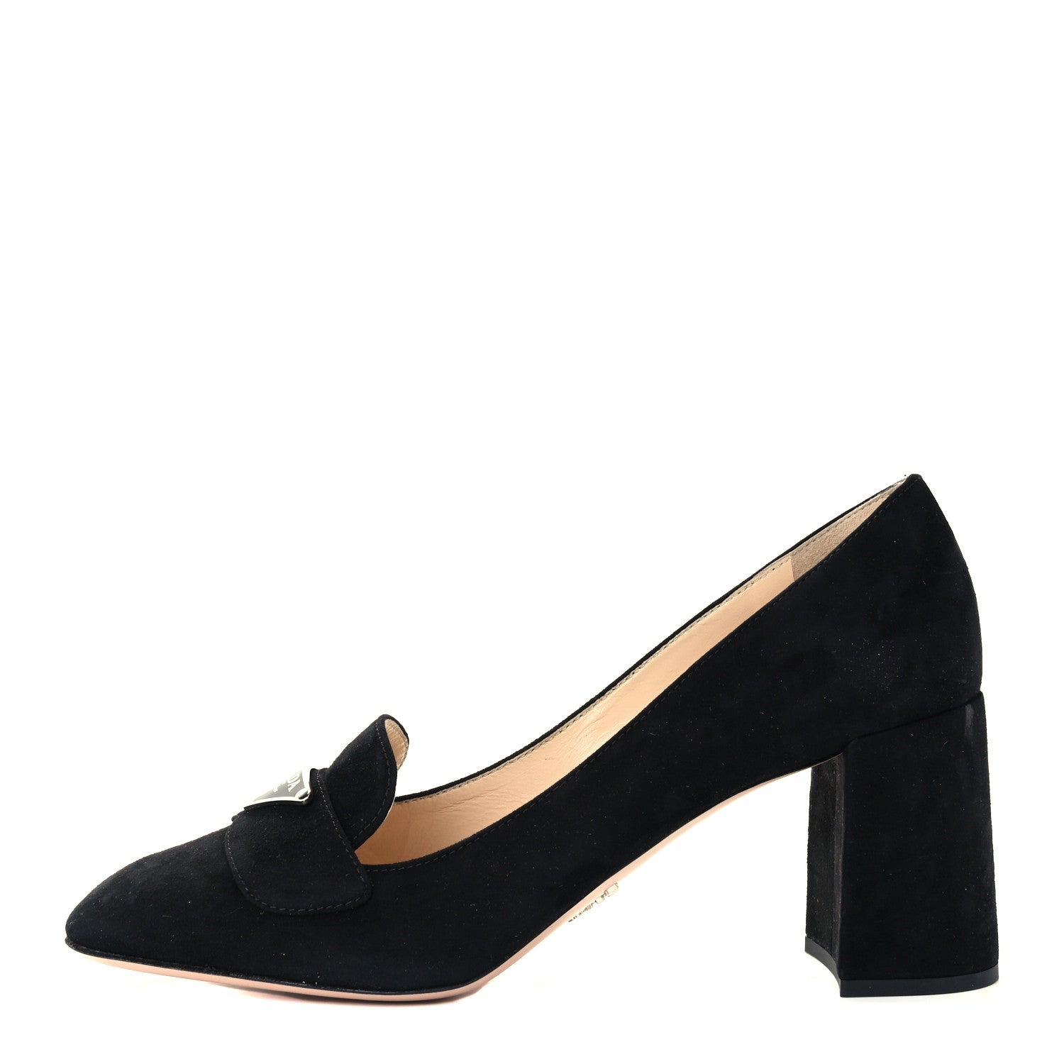Prada Camoscio Metal Triangle Logo Block Heel 70mm Loafer Pumps 39.5 Black 1 of 9