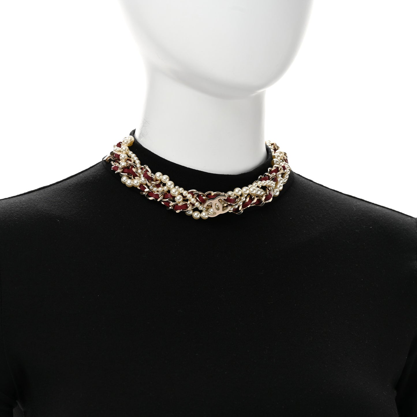 Pearl Lambskin CC Multi Strand Chain Choker Necklace Red