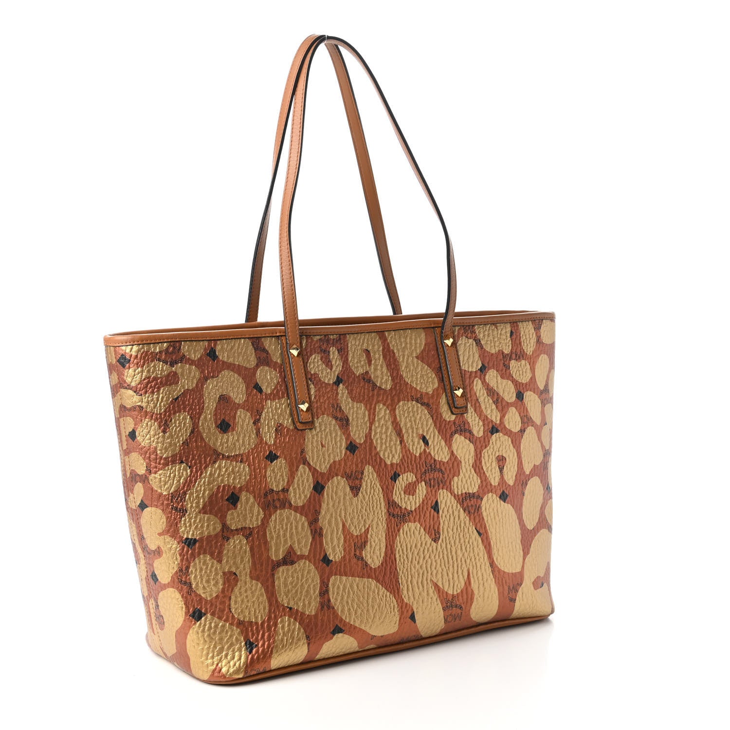 MCM Visetos Metallic Leopard Print Medium Anya Shopper Tote Cognac 3 of 10
