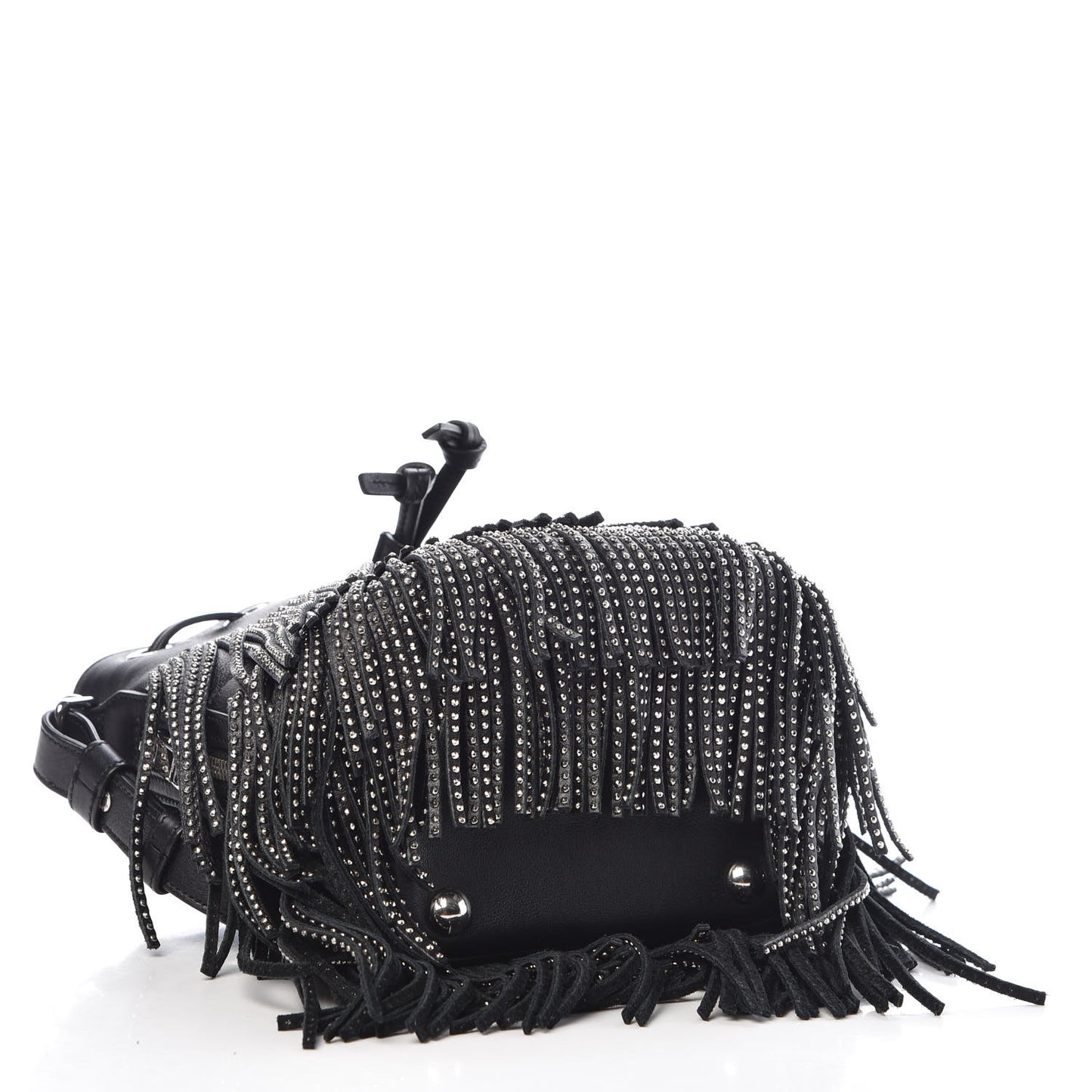 Calfskin Studded Small Emmanuelle Fringe Bucket Bag Black