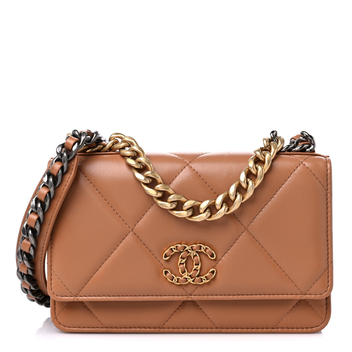 Lambskin Quilted Chanel 19 Wallet On Chain WOC Brown