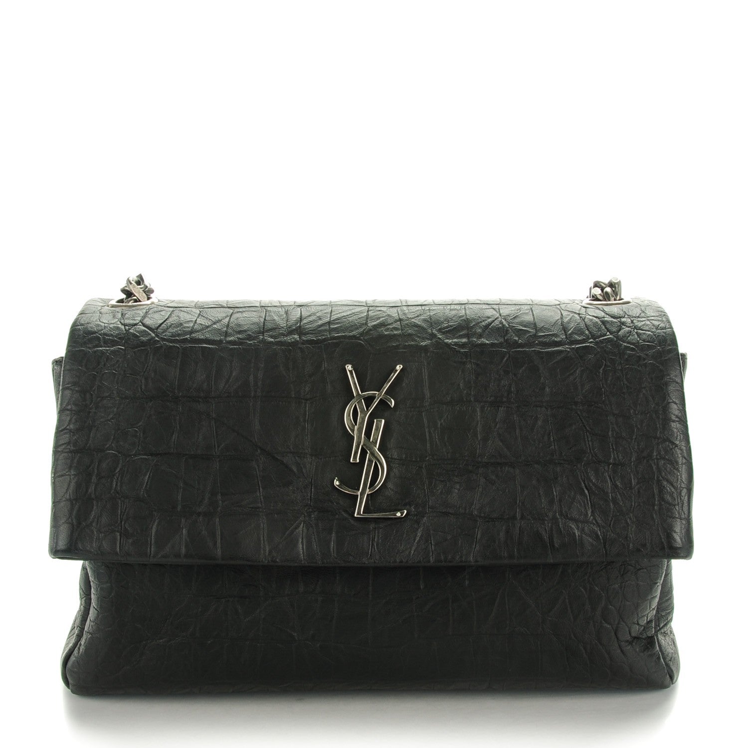 Saint Laurent Calfskin Crocodile Embossed Medium West Hollywood Monogram Fold-Over Black 1 of 7