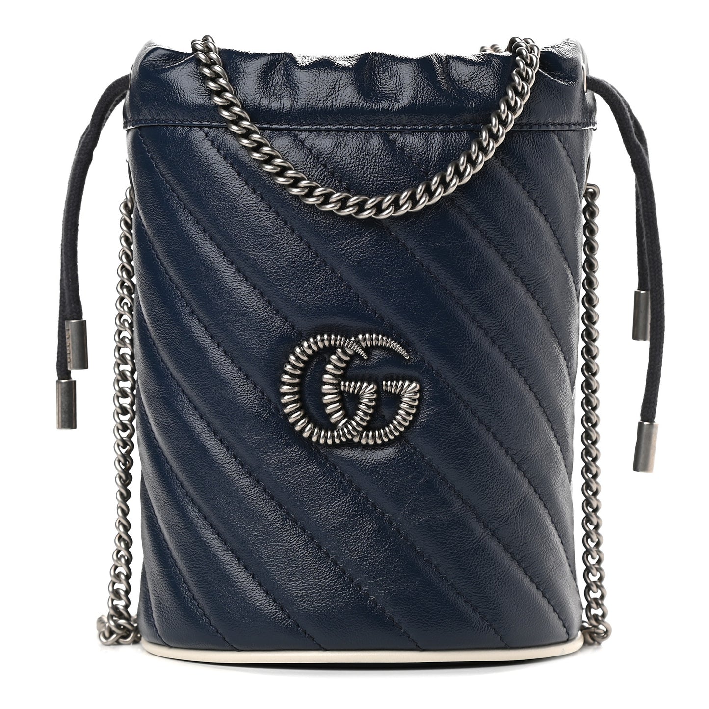 Vintage Effect Calfskin Matelasse Diagonal Mini Torchon GG Marmont 2.0 Bucket Bag Blue Agata Mystic White