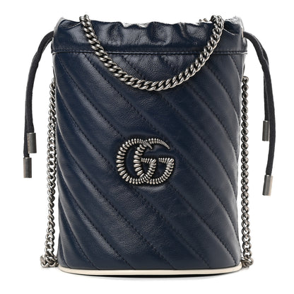 Gucci Vintage Effect Calfskin Matelasse Diagonal Mini Torchon GG Marmont 2.0 Bucket Bag Blue Agata Mystic White 1 of 8